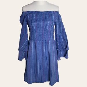 Mudd Pie Dress Womens Small Blue Striped Tiered Bell Sleeve Off Shoulder